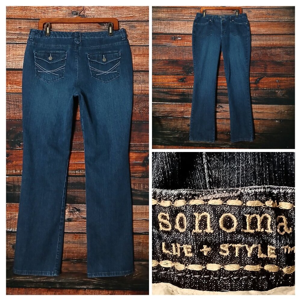 Sonoma Jeans 14 Straight Mid Rise Dark Wash Blue Denim Stretch Flap Pockets